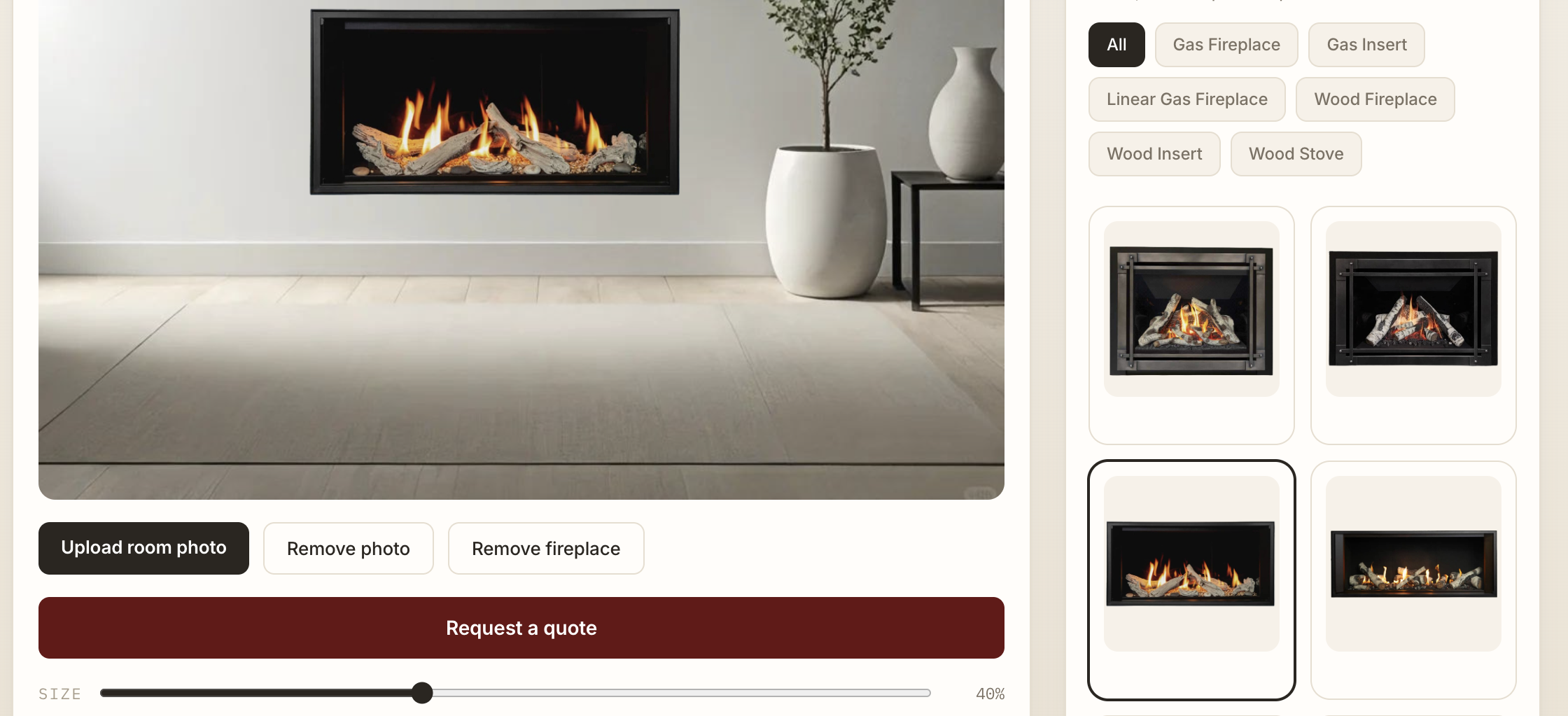 The Hearthly Canvas visualizer: a fireplace placed in a living room, beside a catalog of fireplaces to choose from.